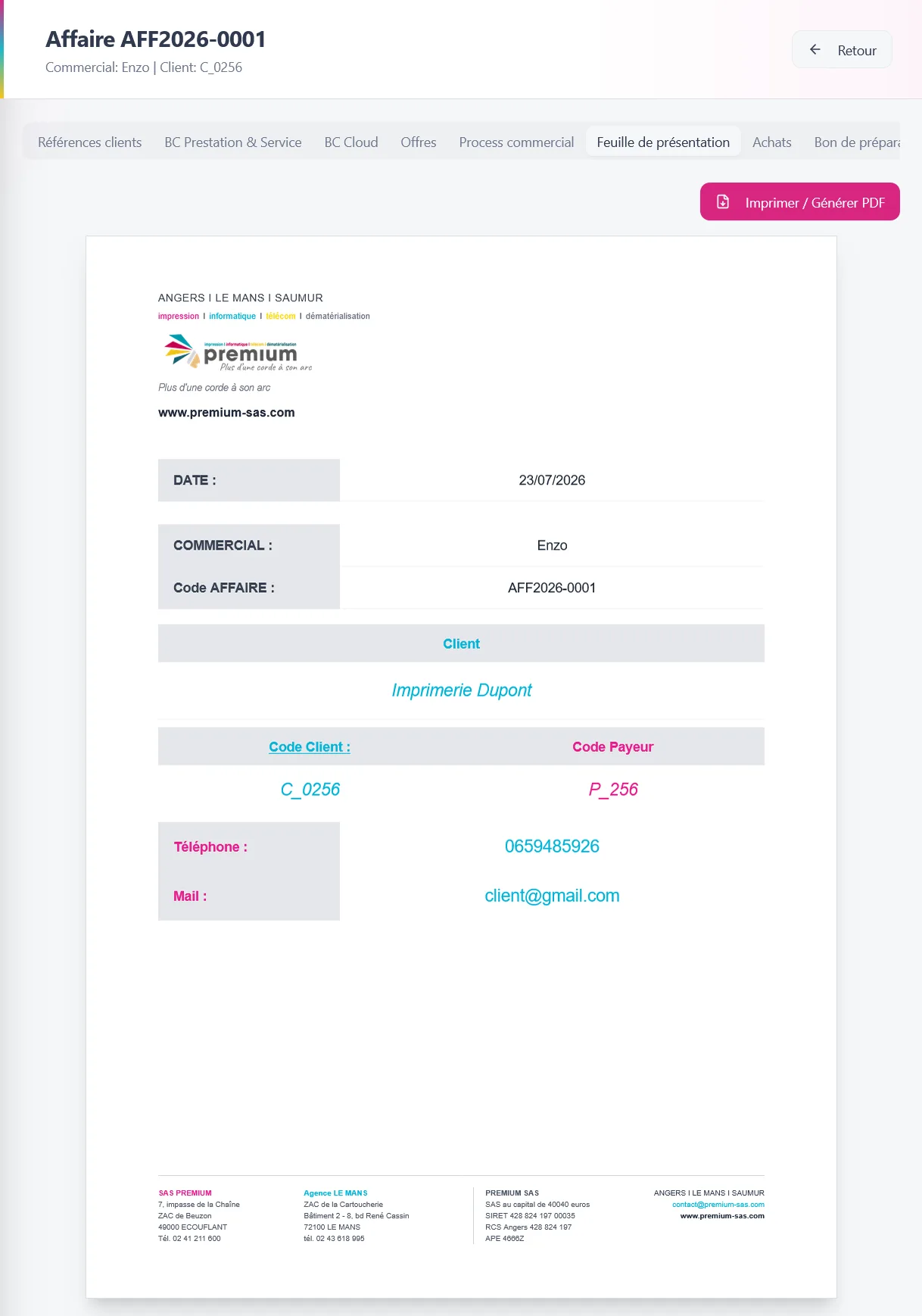 p generation feuille presentation pour dossier papier